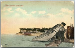 EXAGGERATED FISHING ANTIQUE POSTCARD CANADA POSTAGE WAR TAX STAMPS