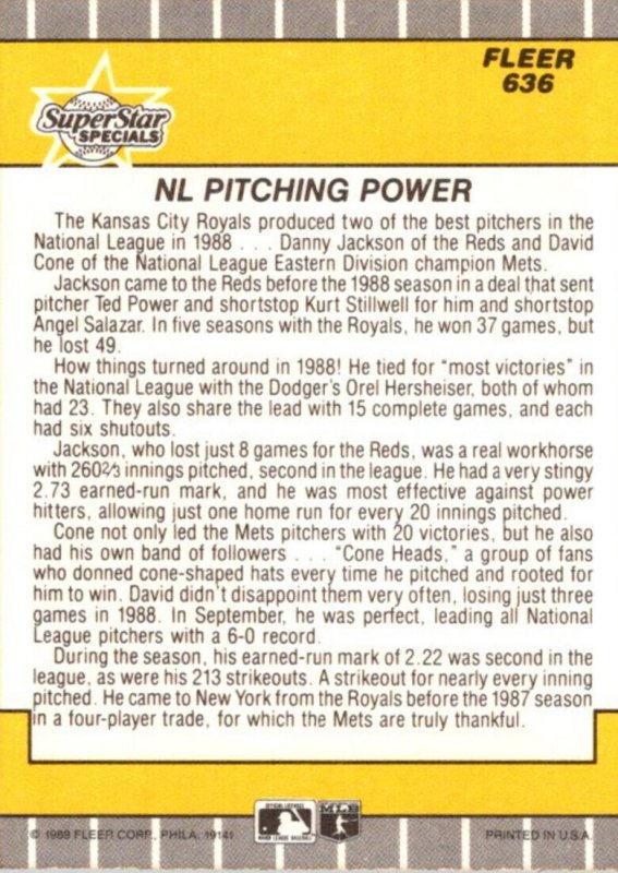 1989 Fleer Baseball Card NL PItching Power Danny Jackson & David Cone sun0655