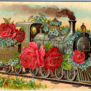 c1900s NICE Train Locomotive Birthday Greetings Postcard Embossed Gold Steam A83