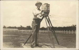 Great Image Man Posing w Fine Camera on Tripod Real Photo Postcard c1920s