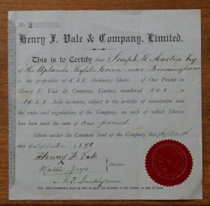 Henry F. Vale & Company Ltd., share certificate no.2  dated 1896