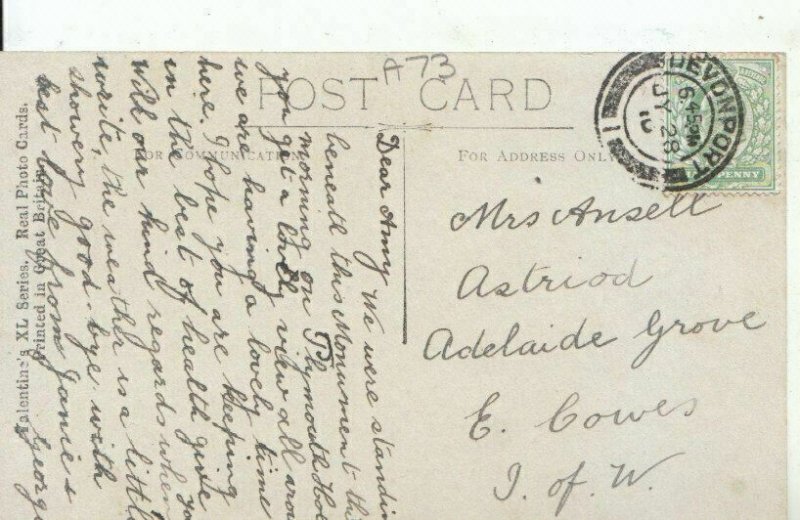 Devon Postcard - Drake Monument - Plymouth - Real Photograph - Ref 11273A