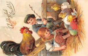 Easter Greetings Children with Rooster and Chicks PFB Postcard AA29093