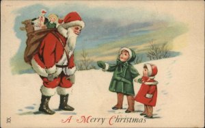 Christmas Little Girls Cute Kids Meet Weary Santa Claus Vintage Postcard