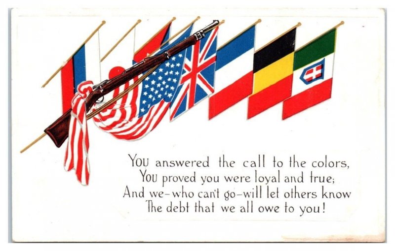 1903 Springfield Rifle, You Answered the Call WWI Allies Patriotic Flag Postcard