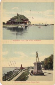 Wisconsin Milwaukee Yacht Club HOuse & Leif Erricson Statue In Juneau Park 1912