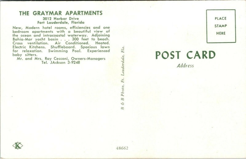 Vtg Fort Lauderdale Florida FL The Graymar Apartments Hotel Rooms 1950s Postcard