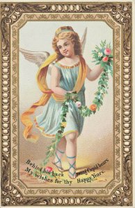 Young Cupid Bears My Wishes For A Happy New Years 1800's 3 x 4.25  Trade Card.