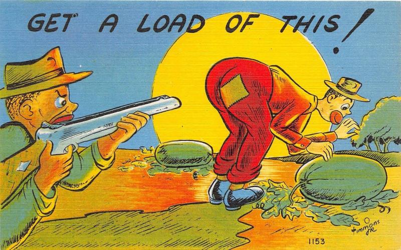 E13/ Black Americana Comic Linen Postcard Stealing Watermelon Man Rifle 51