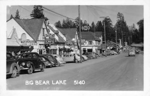 RPPC BIG BEAR LAKE, CA Barney's Cabaret Navajo Hotel Street Scene 1946 Postcard