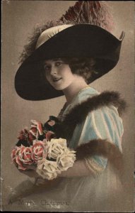 Christmas Fancy Pretty Woman Big Hat Roses c1900s-20s Postcard