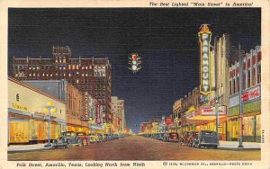 Polk Street Night Theater District Amarillo Texas 1940s linen postcard