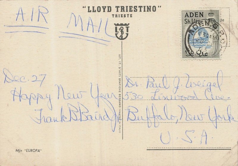 Lloyd Triestino Trieste-Steamership~1950s Photo Postcard from Aden Yemen