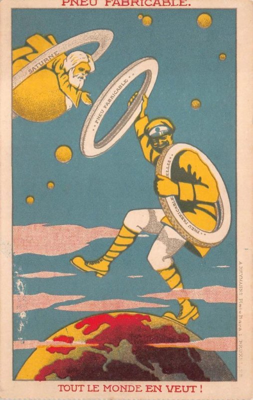 PNEUMATIC FABRICABLE TIRES ASTRONOMY BELGIUM ADVERTISING POSTCARD (c. 1920)