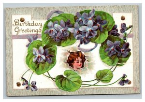 Vintage 1911 Birthday Postcard Cute Girl Large Purple Flowers Green Leaves