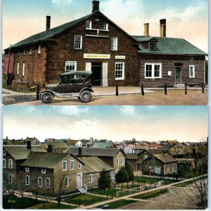 x2 LOT c1910s Amana Society, IA Aerial Houses & Store Car Postcards Colonies A70