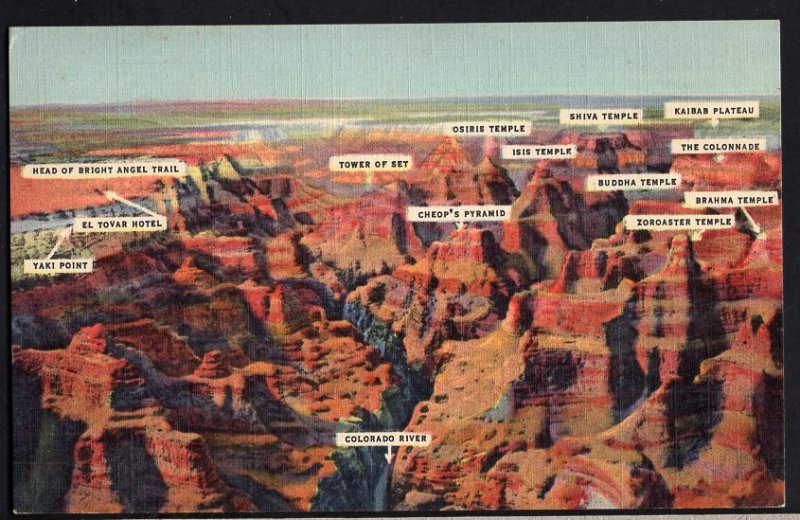 Arizona GRAND CANYON Air View with Names of the Peaks pm1951 LINEN