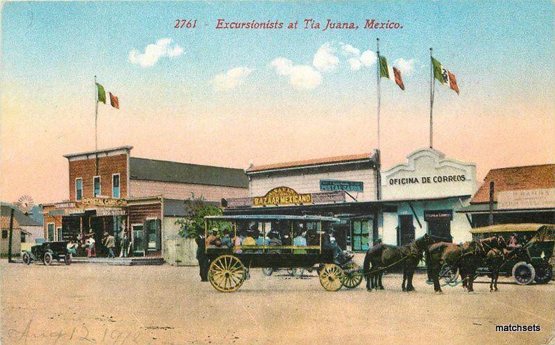 C-1915 Excursionists Horse driven flags Tijuana Mexico Panama seal postcard 9193