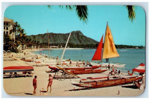 c1950's Waikiki Beach Canoe Boat Sailboat Honolulu Hawaii HI Vintage Postcard 