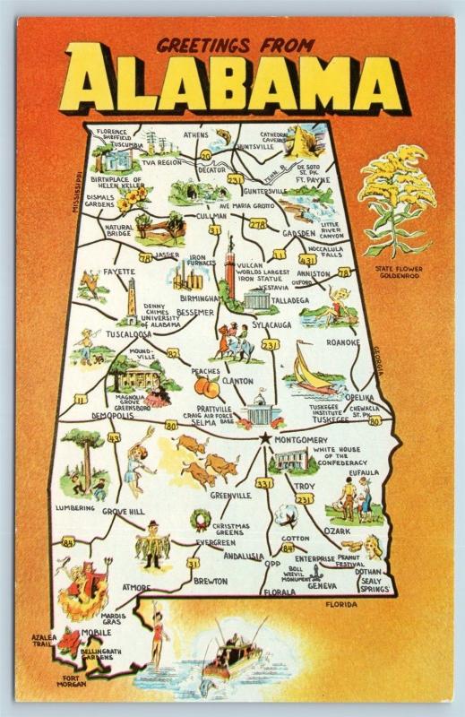 Postcard AL Alabama State Map Greetings From Alabama Cities Roads c1950s O08