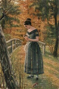 B580 Woman mushrooms, trees, landscape, forest motif fine art R. de  Witt