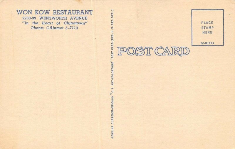 LP19 Chicago Illinois  Postcard Chinese Restaurant Won Kow 