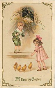 Winsch Embossed Easter Postcard 4117. Children & Baby Chicks, Nest in Window