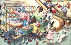 Fantasy Dressed Animals Cats Shopping Escalator Mainzer Vintage Postcard
