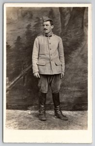 Military Soldier RPPC Faux Forest Scene WW1 Portrait Postcard M32