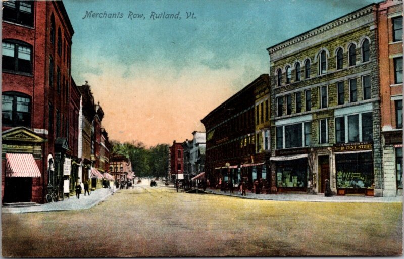 Postcard Merchants Row Street Scene in Rutland, Vermont 