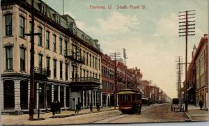 Fremont OH~Engineer Stops Trolley~Hotel~Fire Escapes~Porte Cochere~Balcony 1910 