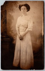 c1910 RPPC Real Photo Postcard Young Woman Standing In Dress Clasped Hands