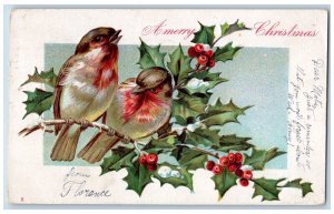 Rochester NY Postcard Christmas Song Birds Holly Berries Embossed 1906 Antique