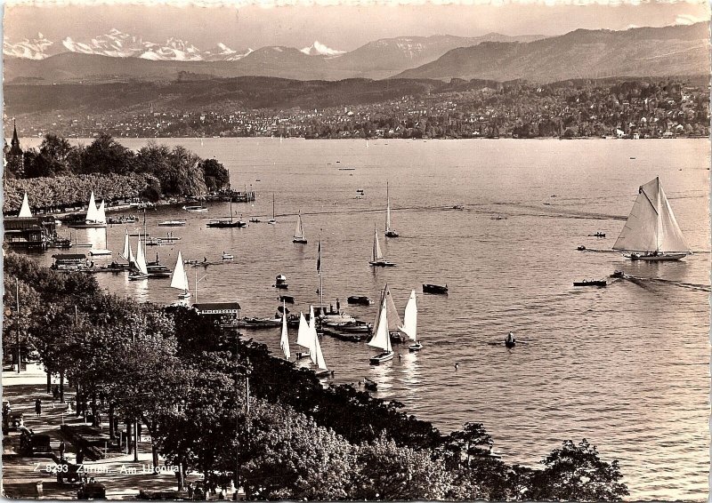 VINTAGE CONTINENTAL SIZE POSTCARD SAILBOATS ON THE LAKE AT ZURICH SWIZERLAND