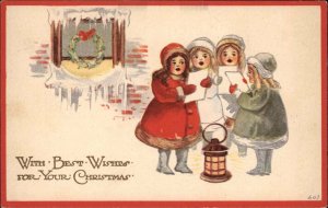 Christmas Little Girls Caroling Singing Carolers Vintage Postcard