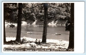 RPPC CRYSTAL LAKE CAMP, Los Angeles County CA ~ Boating & Bathing 1935 Postcard