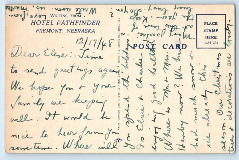 1940 Fremont Nebraska NE Vintage Postcard Hotel Pathfinder Boss Hotel Multiview