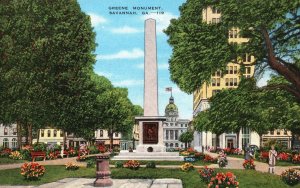 Vintage Postcard 1930's General Nathaniel Greene Monument Savannah Georgia GA