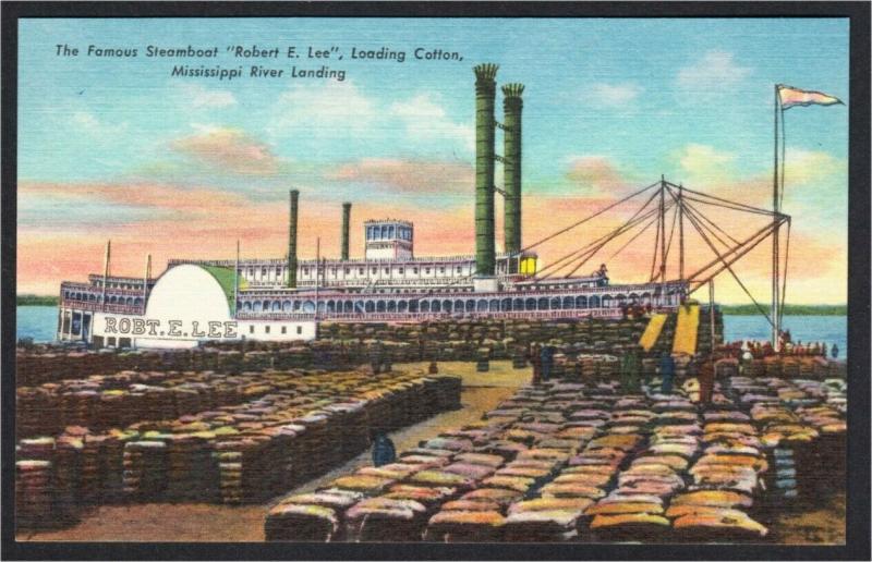 Mississippi River Steamboat Robert E Lee Loading Cotton Linen Postcard 1940s-50s