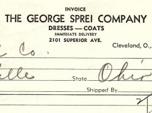 1938 THE GEORGE SPREI COMPANY CLEVELAND OH DRESSES COATS BILLHEAD INVOICE Z3518