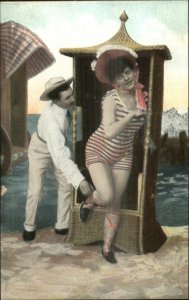 Bathing Beauty Beautiful Woman Man Flirting Wicker Beach Chair Postcard #4