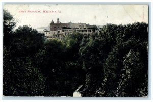 1908 Hotel Washburn & Restaurant Building Over View Waukegan Illinois Postcard