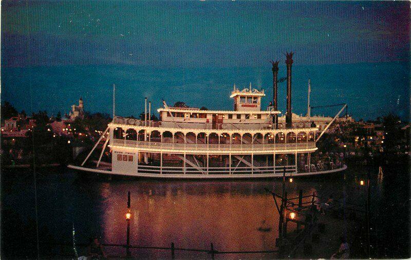 Amusement Disneyland Mark Twain Night Paddle Wheel Steamboat Postcard 7466