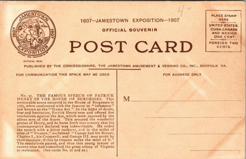 Vintage Postcard - Famous Speech of Patrick Henry - Jamestown Exposition 1907