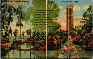 Vtg 1950's Cypress Gardens The Singing Tower Flamingos lorida FL Scenic Postcard