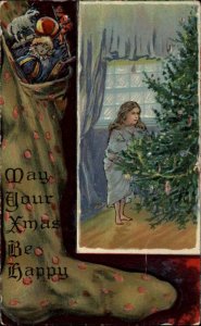 Little Girl at Christmas Tree Toy Stocking Border c1910 Vintage Postcard