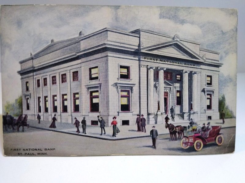 St Paul Minnesota Postcard First National Bank Old Car Horse & Buggy R Steinman