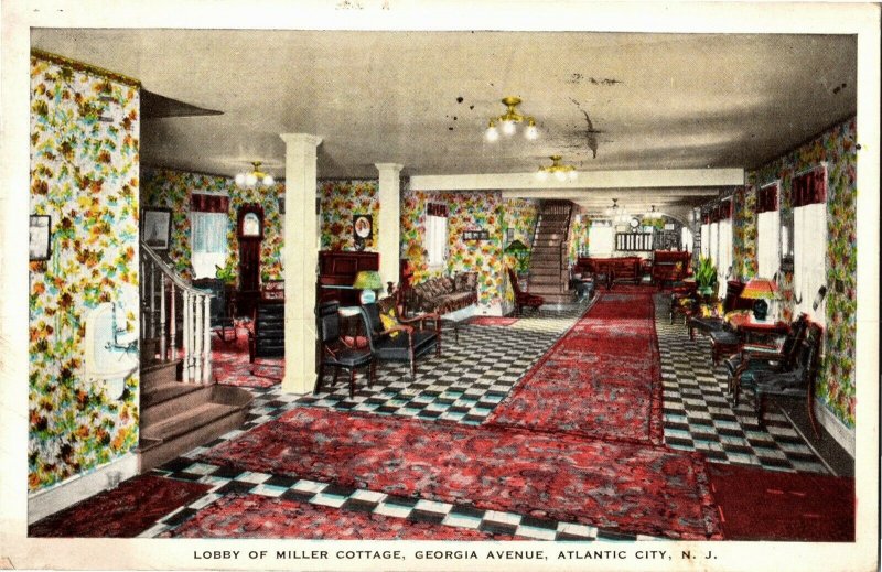 Lobby, Miller Cottage Hotel Georgia Avenue Atlantic City NJ c1941 Postcard A58