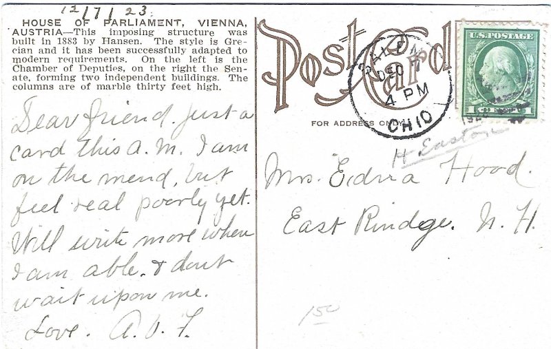 1923 House of Parliament, Vienna, Austria Divided Back Postcard