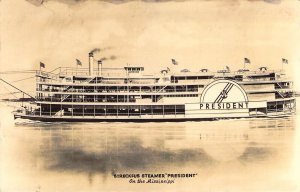 RPPC Old Steamboat, President, St Louis, MO,Mississippi River,Old Post Card